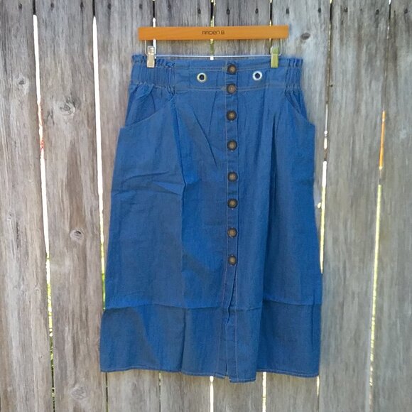 Anthropologie Skirt Women's Large Chambray Blue Cotton Button Down Front Preppy - Picture 2 of 10
